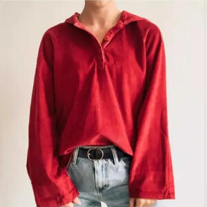 J.Jill Red Corduroy Henley pullover hoodie shacket Shirt Jacket Velvet Cuffs L